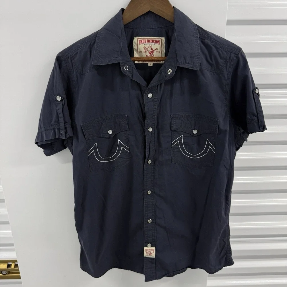 True Religion Mens Medium Navy Western Pearl Snap Shirt Made USA Y2K Graphic